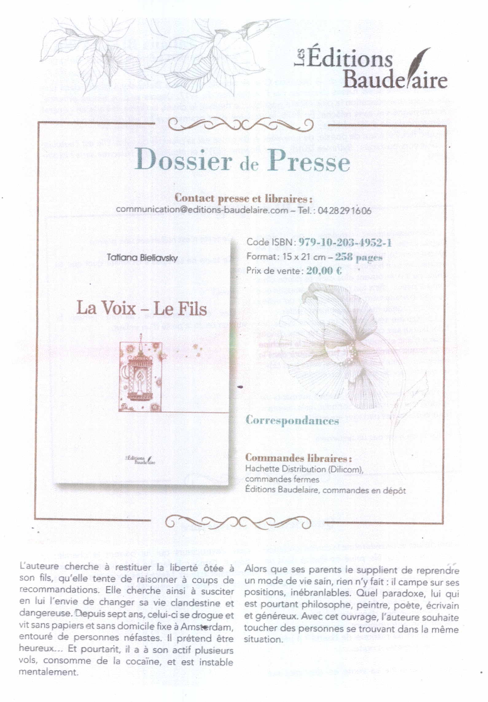 Dossier de presse 1. Éditions Baudelaire. La Voix – Le Fils par Tatiana Bieliavsky. 2022-07-25